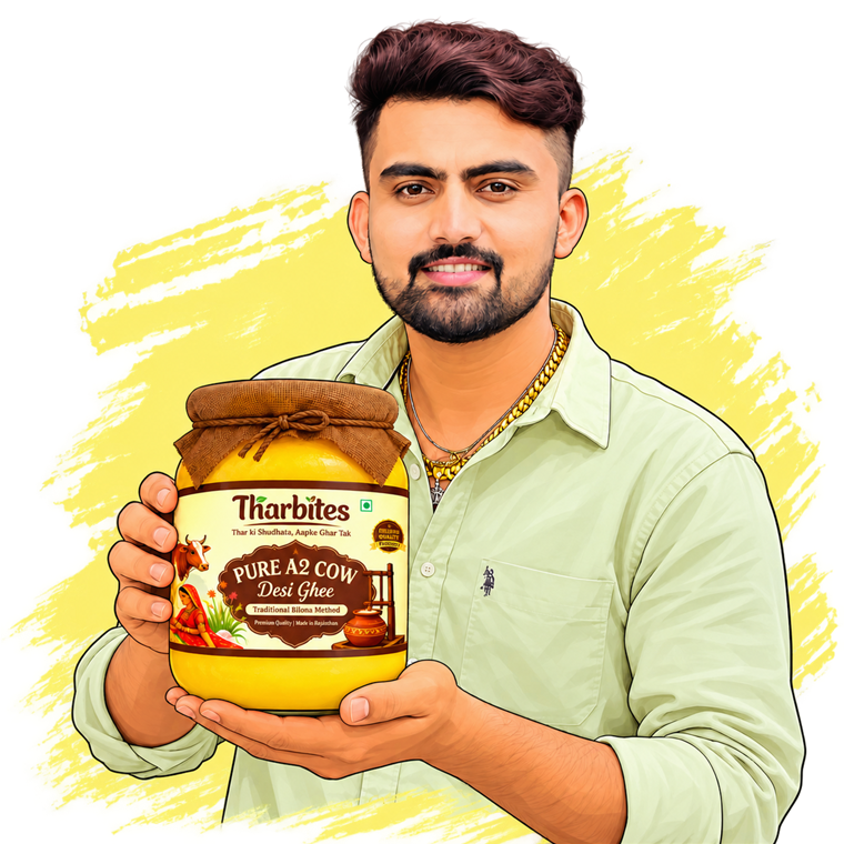 Tharbites representative holding a jar of Desi Cow Ghee