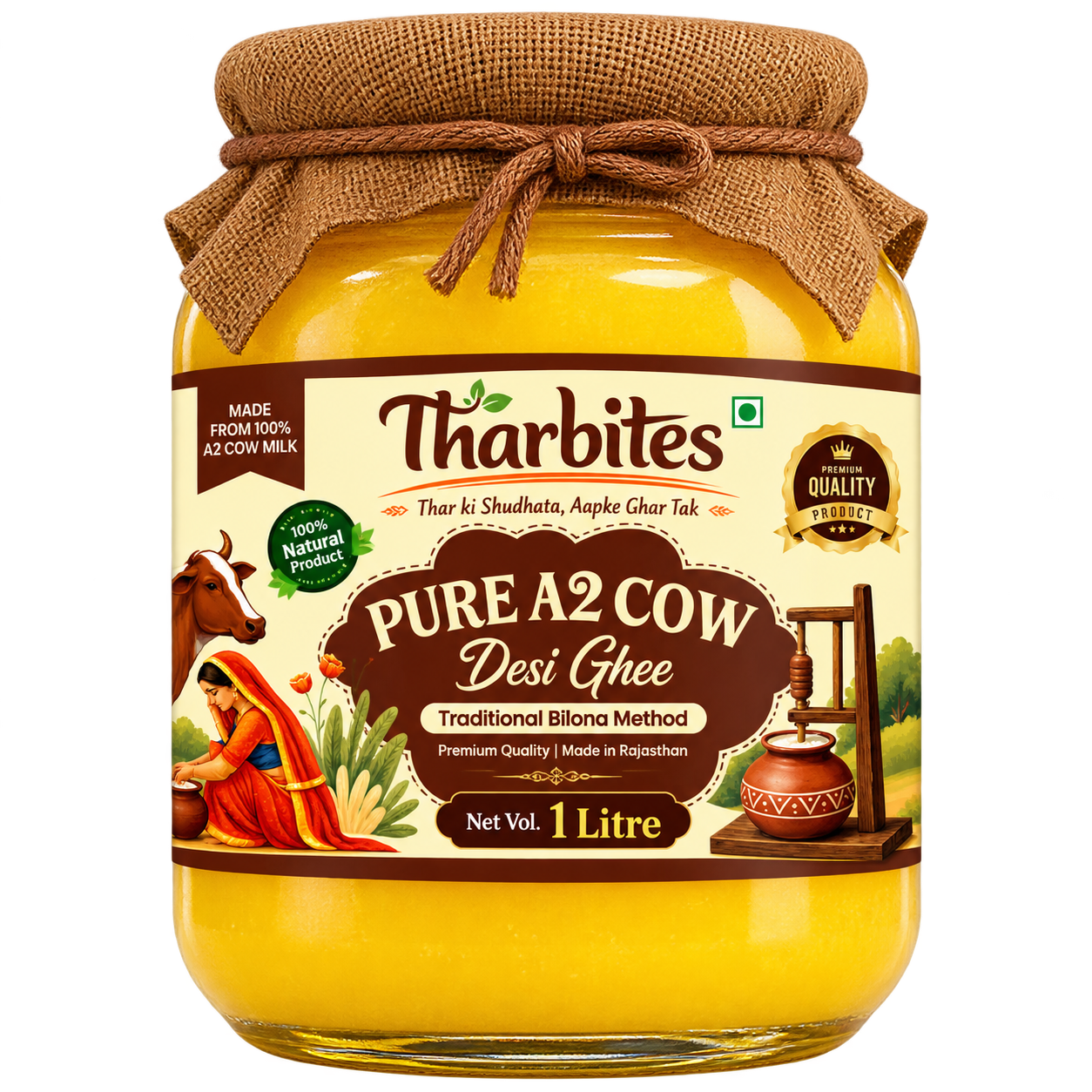 A 2 Desi Cow Bilona Ghee 1 Litre Glass Jar