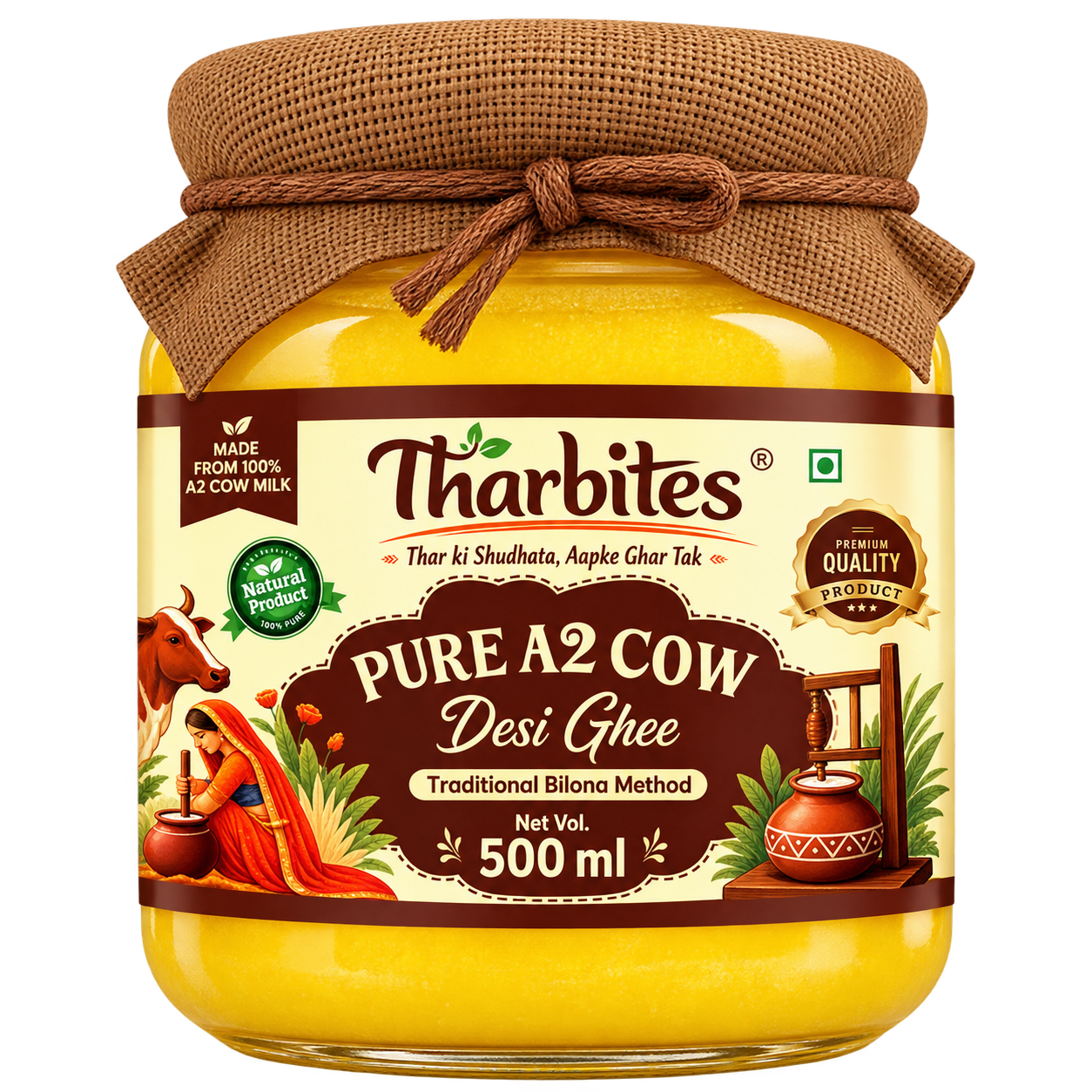 A 2 Desi Cow Bilona Ghee 500 ml Glass Jar